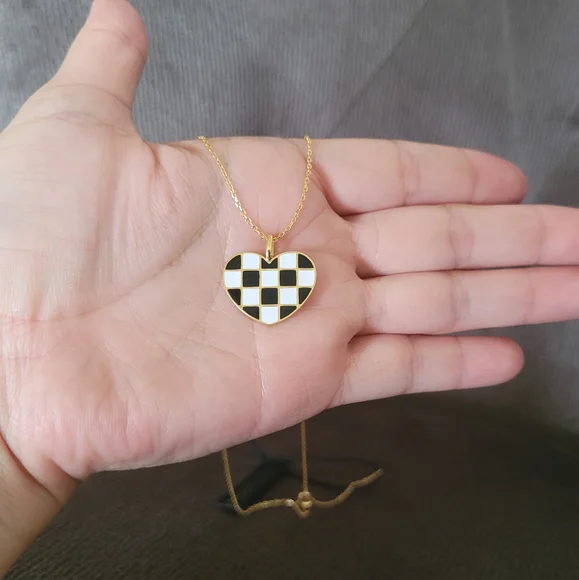 Rachel Zoe Black🖤 and White Checkered Enamel Heart♥️ Pendant Necklace - NWT - Picture 13 of 16